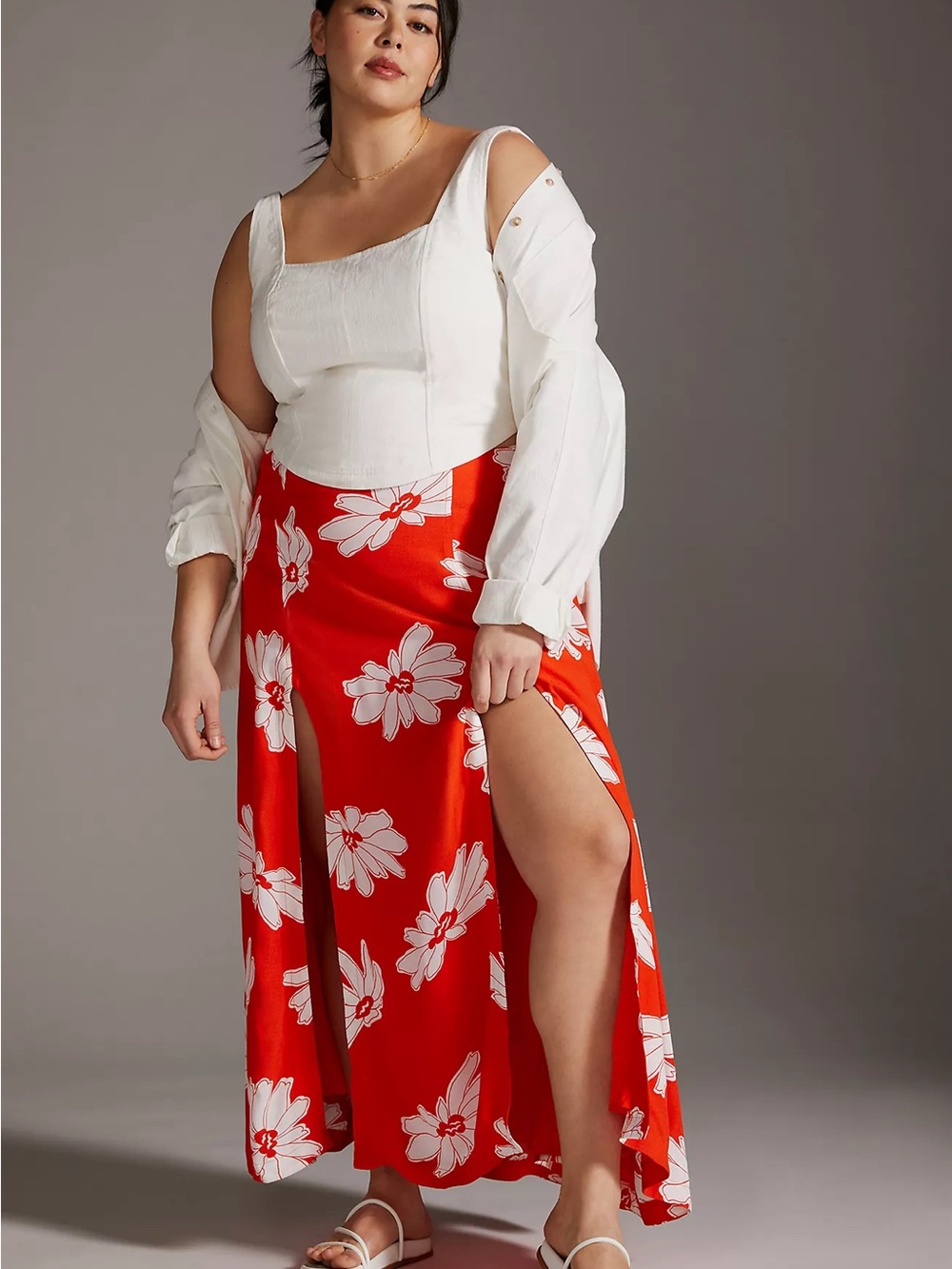 Anthropologie Maeve Floral Double-Slit Midi Skirt Red White Size 14